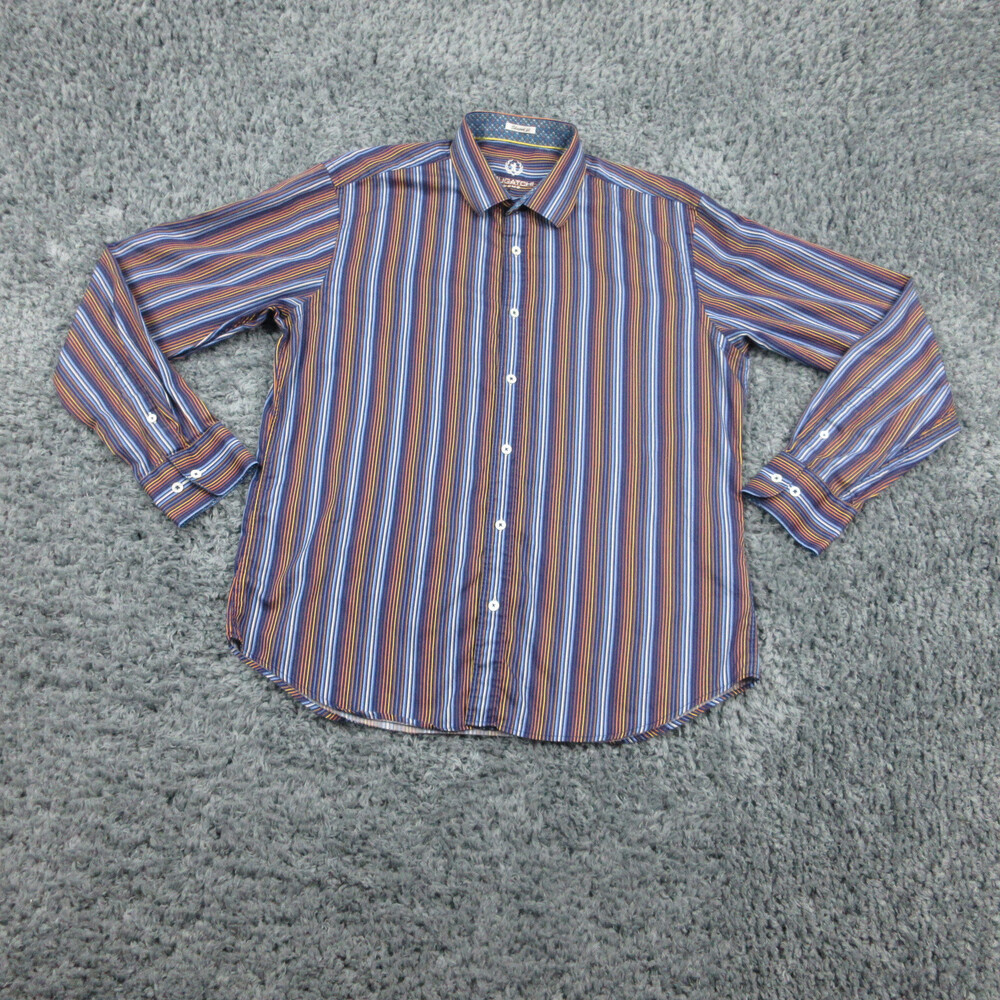 Bugatchi Uomo Shirt Mens Medium Blue Striped Shaped Fit Long Sleeve Button Up